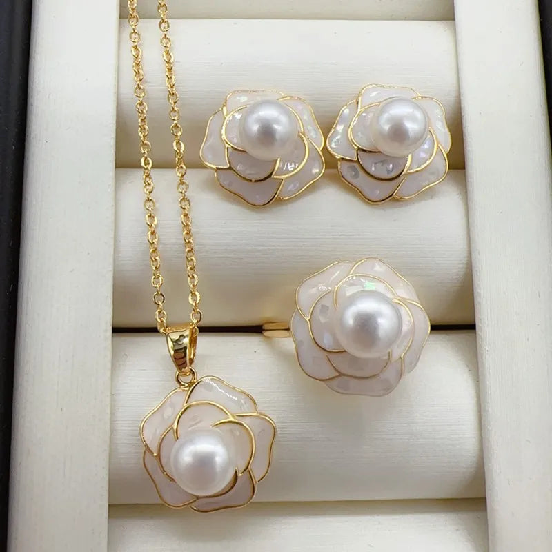 Pearl Jewelry Sets 14k Gold Plated 100% Real Natural Freshwater Pearl Necklace Earrings Ring For Women