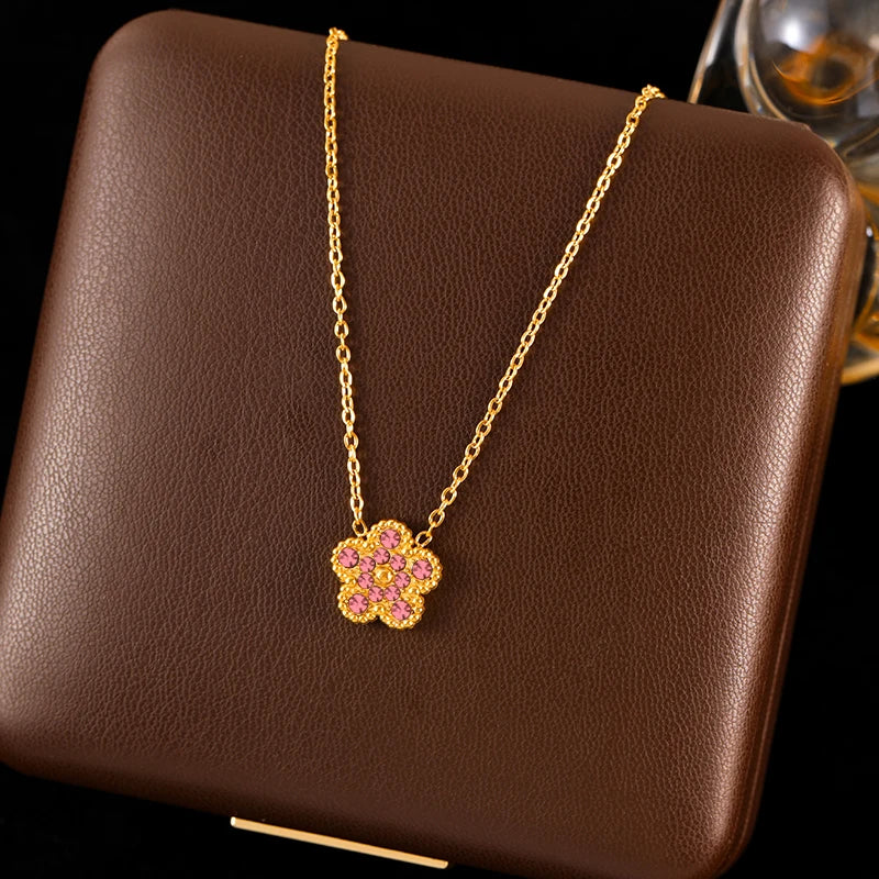 Pink Zircon Reversible Clover Necklace Bracelet Earrings Set For Women Trendy Stainless Steel Waterproof Jewelry