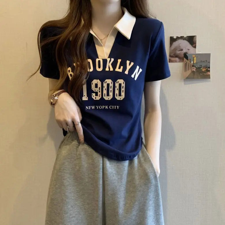 Women Summer Korean Fashion Letter Printing Slim Polo Collar Short Sleeve T-Shirt Simplicity Office Lady All-match Casual Tops
