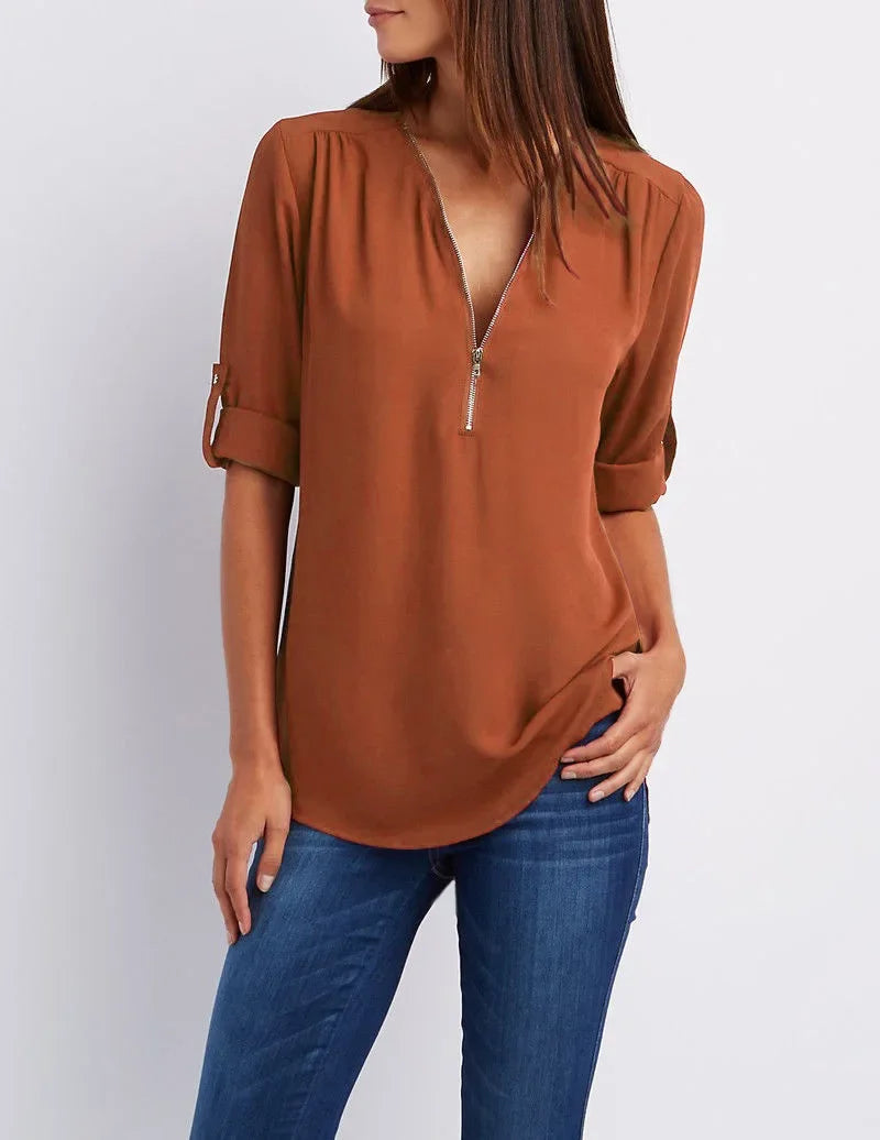 Women Cool Loose Shirt Deep V Neck Chiffon Fashion Zipper Pullover Blouse