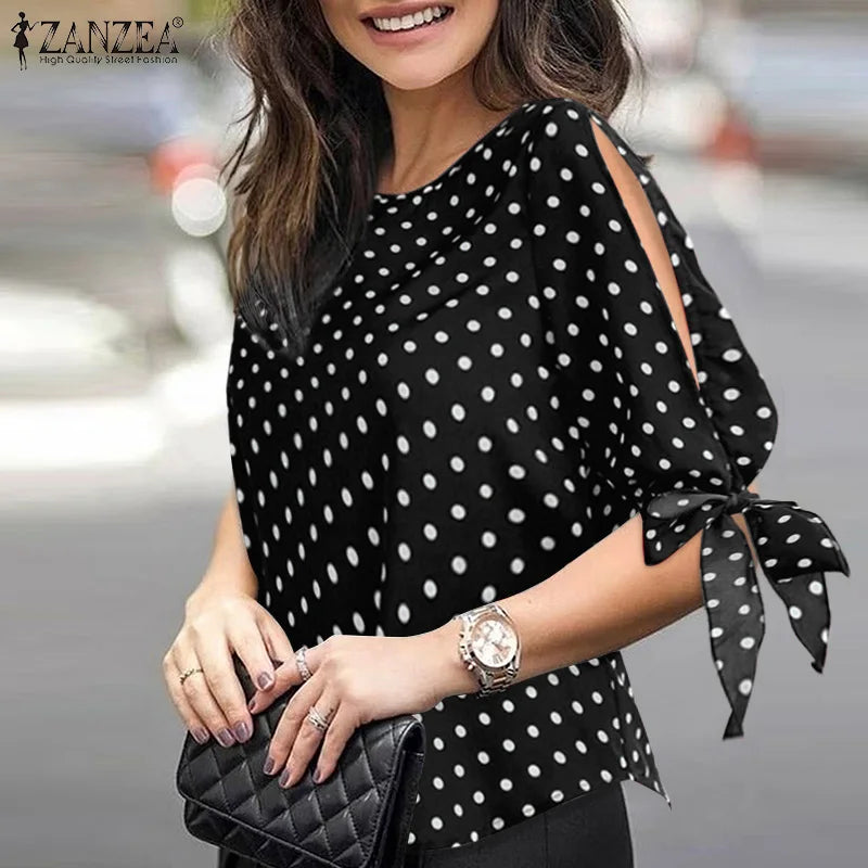 Woman Casual Polka Dots Printed Blouse Fashion Holiday Shirt Half Sleeve O-Neck Tunic Tops