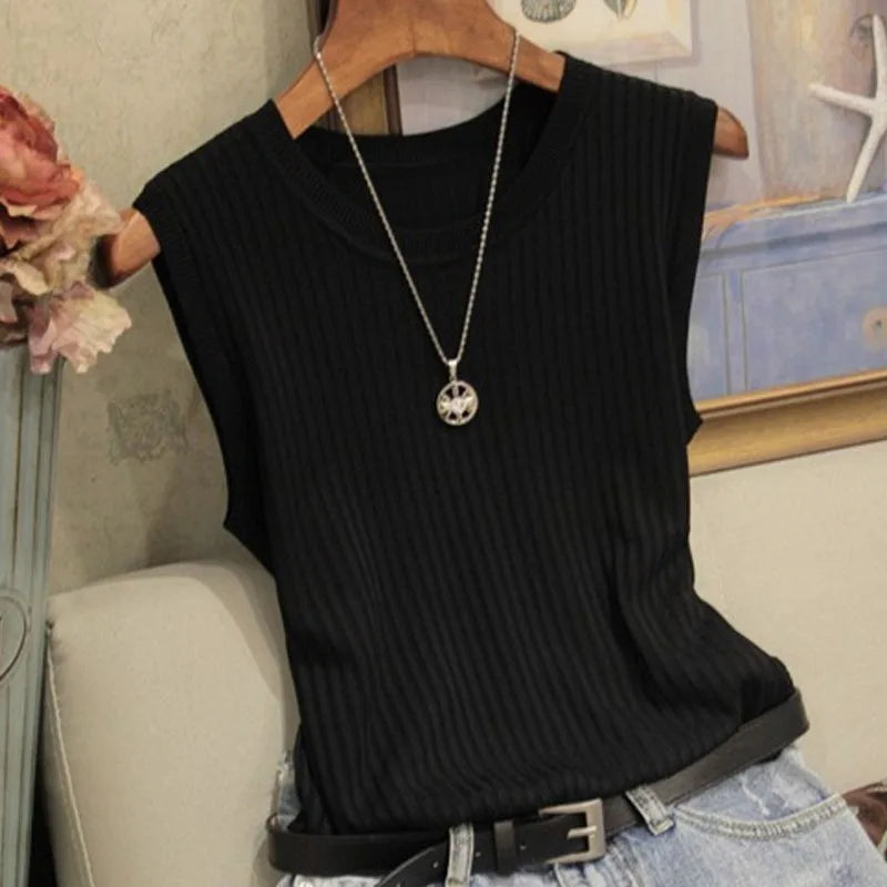 Summer Fashion Knitted Vests O-neck Sleeveless Casual Thin Tops Sleeveless Women Blouse