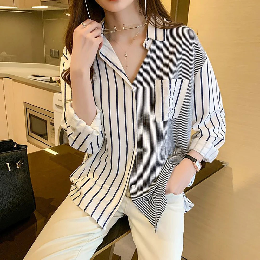 Korean Summer Trendy Women's Shirt Loose Casual Striped Patchwork Shirts Pocket Office Lady Sweet Women's Top