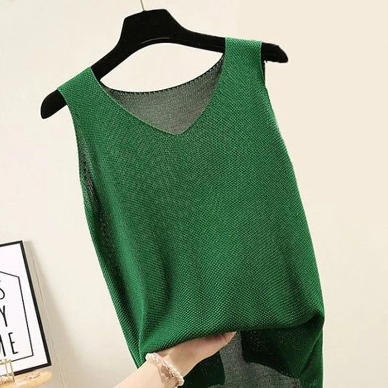 Women Summer Sleeveless Knitted Blouse Shirt Women Clothes V-neck Tops