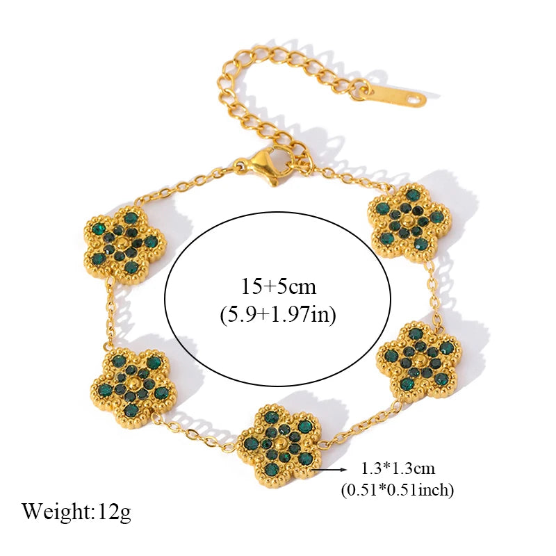 Pink Zircon Reversible Clover Necklace Bracelet Earrings Set For Women Trendy Stainless Steel Waterproof Jewelry
