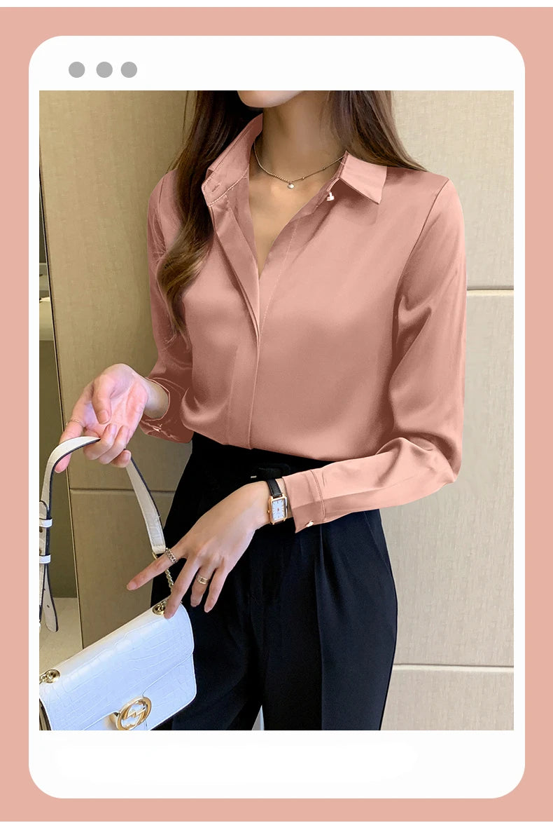 Satin Women Shirt Vintage Long Sleeve Blouse Women Silk Elegant Womens Tops
