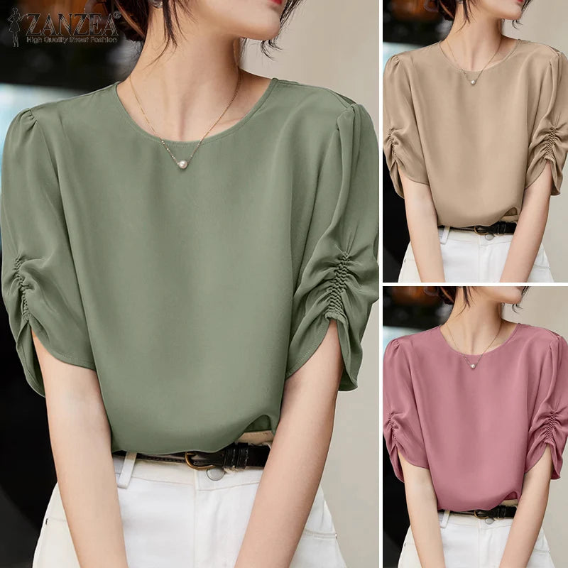 Solid Casual Office Work Tops Fashion Summer Short Sleeve Elegant Loose Blouse
