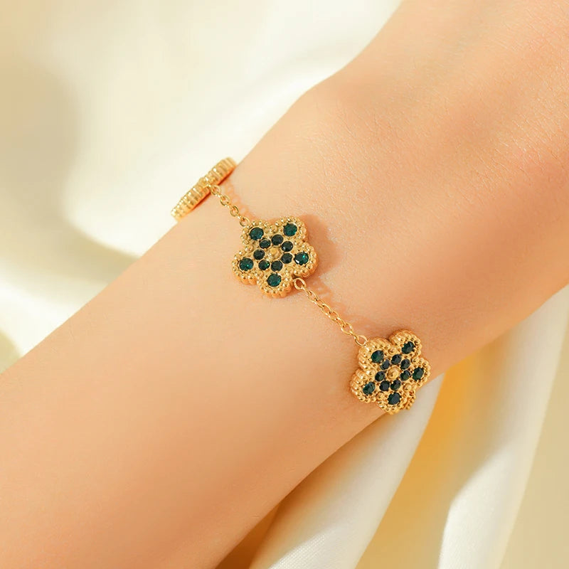 Pink Zircon Reversible Clover Necklace Bracelet Earrings Set For Women Trendy Stainless Steel Waterproof Jewelry