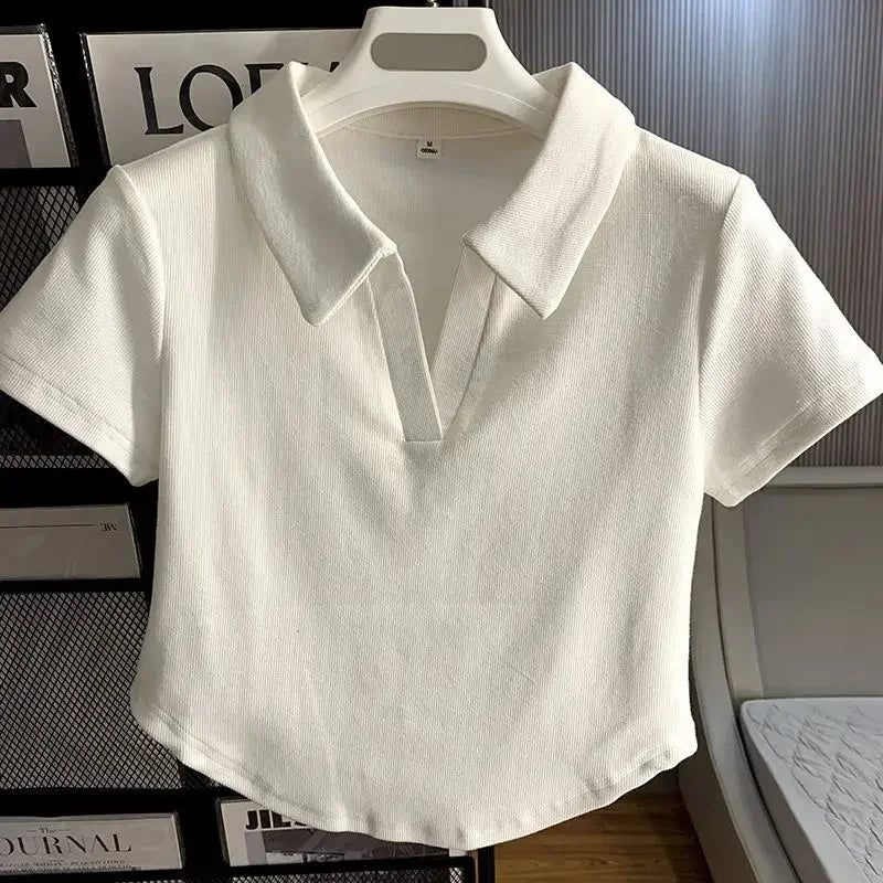 Korean Fashion Loves Embroidery T-shirt Polo Collar Orthoshoulder Slim Hotsweet Women's Crop Top