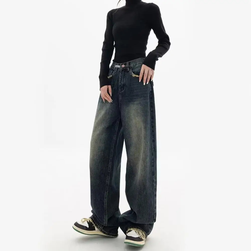 Wide Leg, Floor Length Loose Denim High Waist Vintage Hip Hop Streetwear Women Jeans