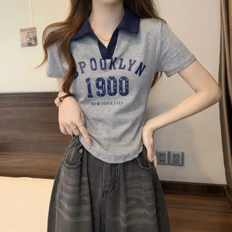 Women Summer Korean Fashion Letter Printing Slim Polo Collar Short Sleeve T-Shirt Simplicity Office Lady All-match Casual Tops
