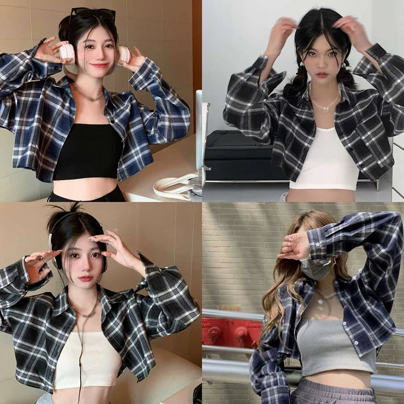 Checkered Women's Long Sleeve Vintage Casual Lapel Turn-down Collar Plaid Classic Single Breasted Tops