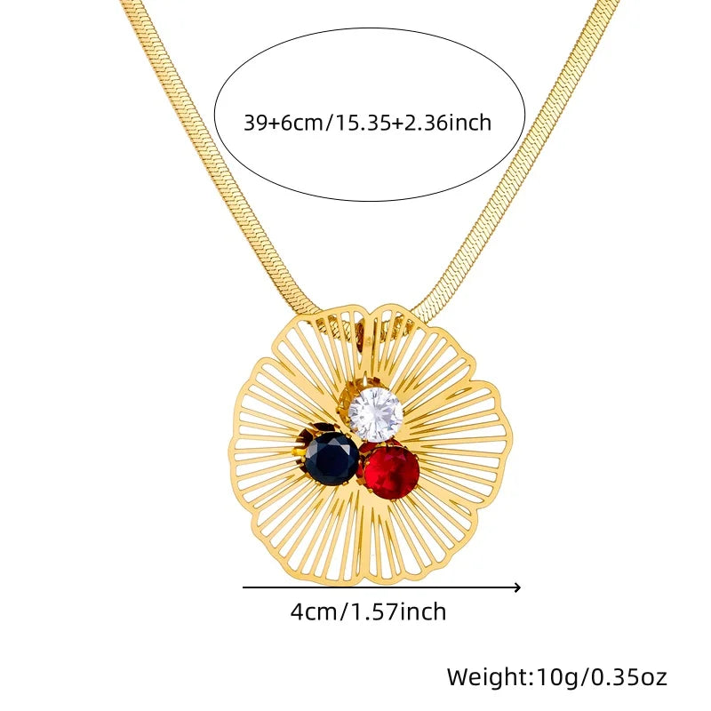 Stainless Steel Hollow Flower Inlaid With Zircon Necklace Earrings Ring For Women New Trend Non-fading Jewelry Set