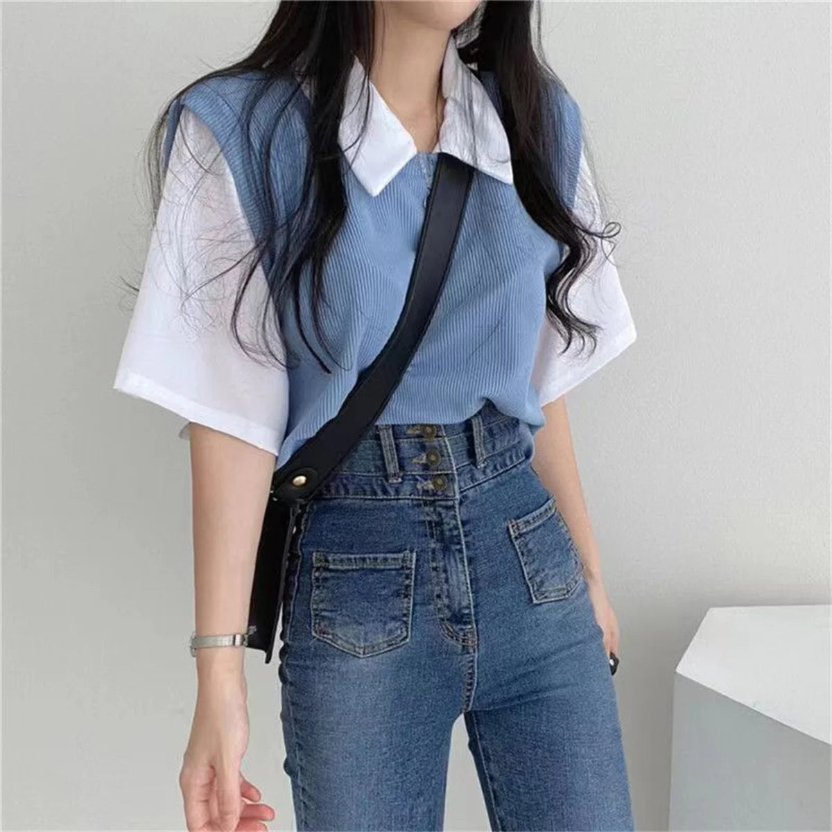 Summer Academy Style Color Blocking Polo Collar Top Short Sleeve T-shirt Women Lazy Loose Casual Versatile Blouse