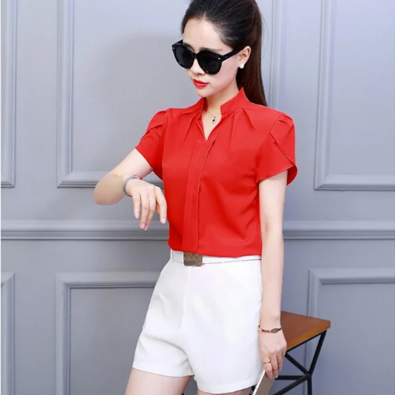Women Office Ladies Chiffon White Shirt Short Sleeve elegant Tops Casual Clothing
