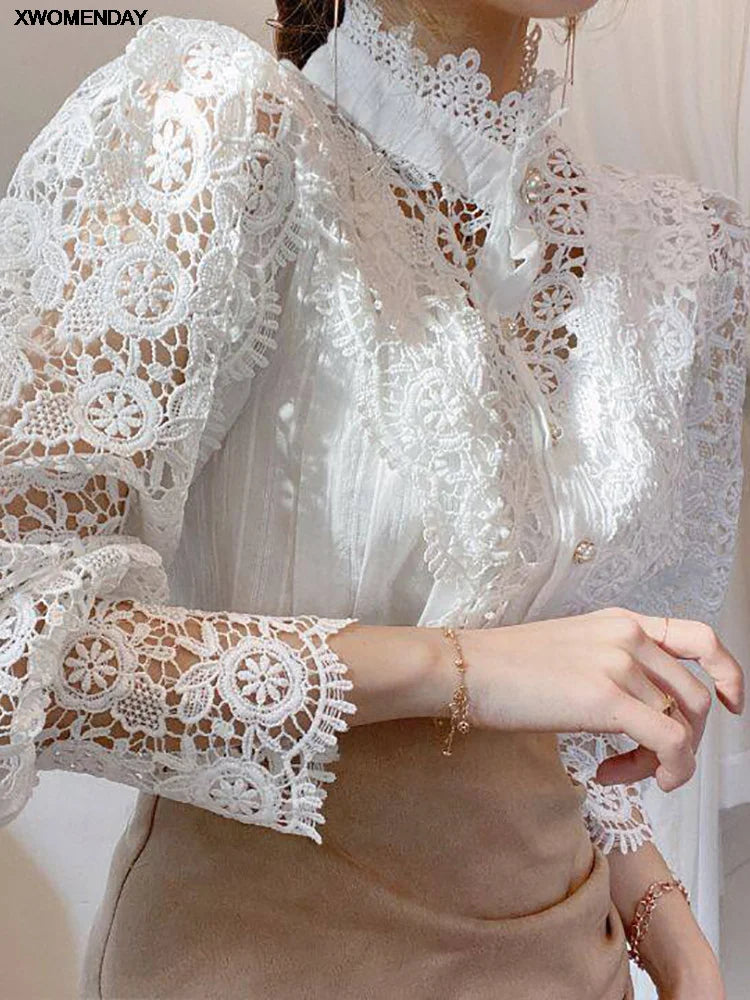 Women Chiffon Button Turtleneck Shirt Chic Elegant Floral Lace Fluffy Long Sleeve Top Fashion Hollow Oversize Blouse