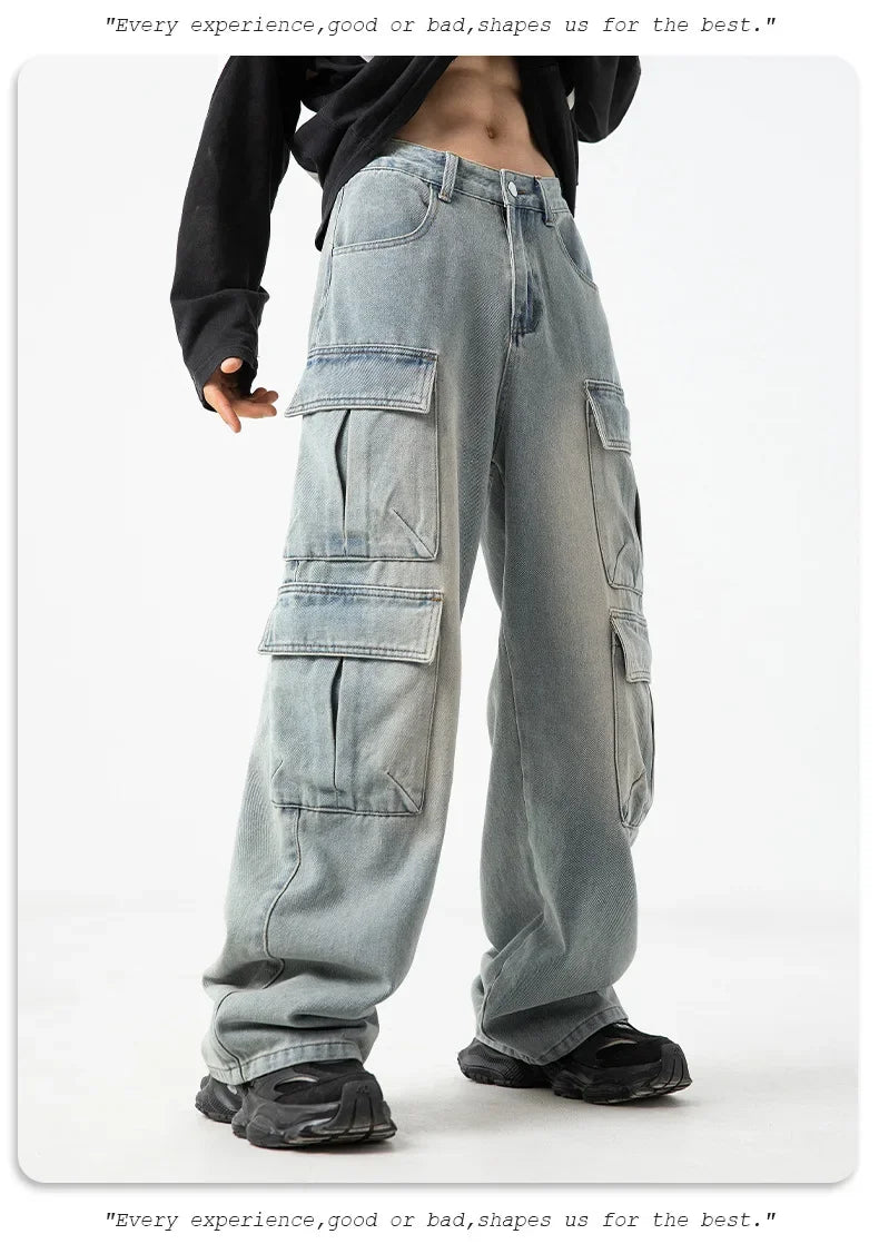Multi-pocket Workwear Design Jeans Men's Old Washed Retro Japanese Korean Casual Pants