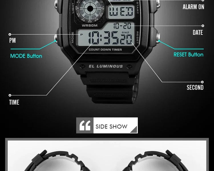 Fashion Men PU Strap Multi function Waterproof Watches Alarm Male Digital Sport Watch