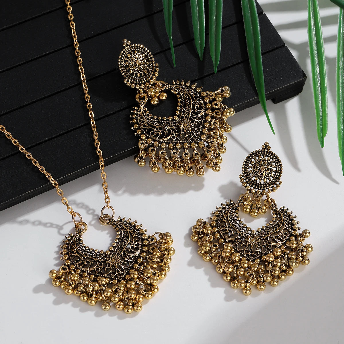 Jewelry Set for Women Retro Gold Plated Round Beads Tassel Earring Necklace Sets
