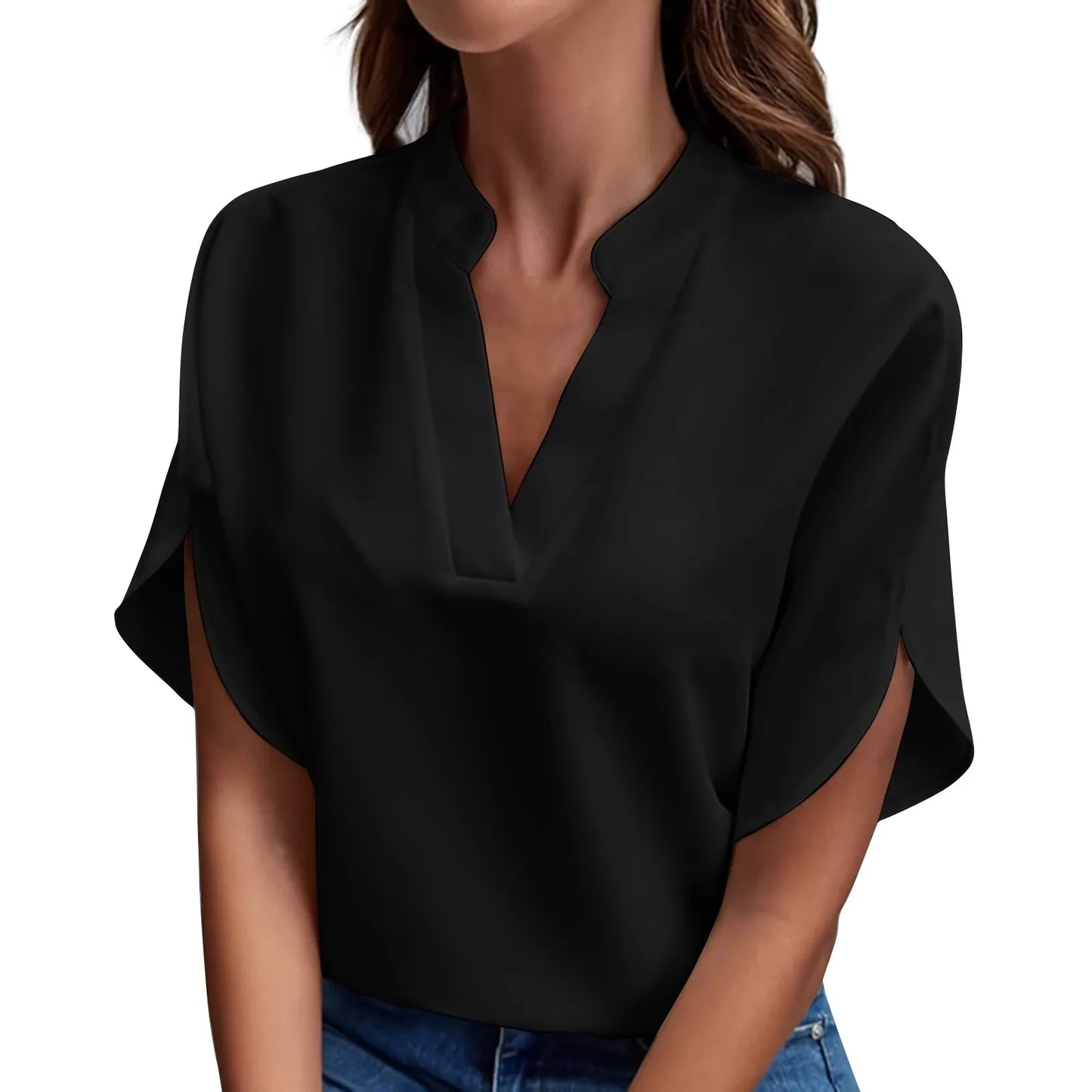 Summer Tops For Women Blouse Short Sleeve Solid V Neck Loose Shirts And Blouses Elegant Tops
