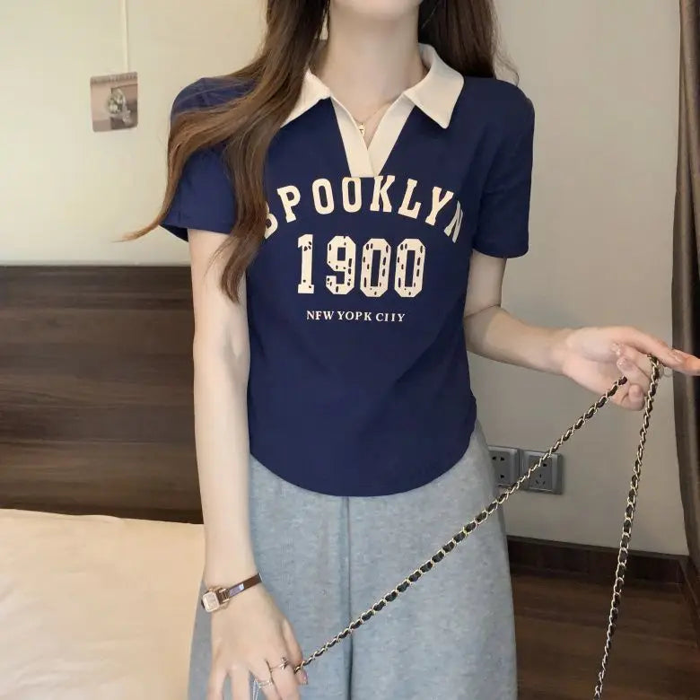 Women Summer Korean Fashion Letter Printing Slim Polo Collar Short Sleeve T-Shirt Simplicity Office Lady All-match Casual Tops