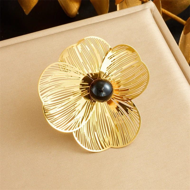 Stainless Gold plated 3D hollow camellia Pearl Necklace Bracelet Ring Suit Women Girl New Trend Non-fading jewelry Set