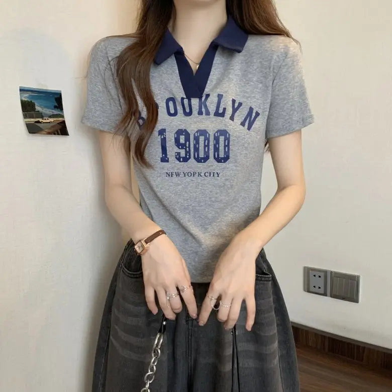 Women Summer Korean Fashion Letter Printing Slim Polo Collar Short Sleeve T-Shirt Simplicity Office Lady All-match Casual Tops