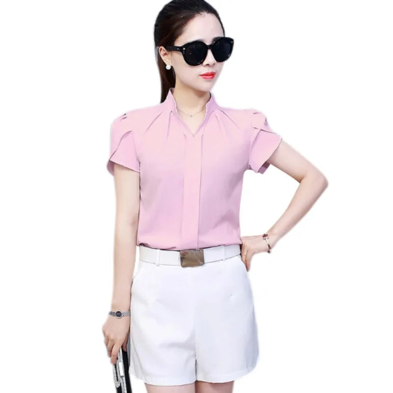 Women Office Ladies Chiffon White Shirt Short Sleeve elegant Tops Casual Clothing