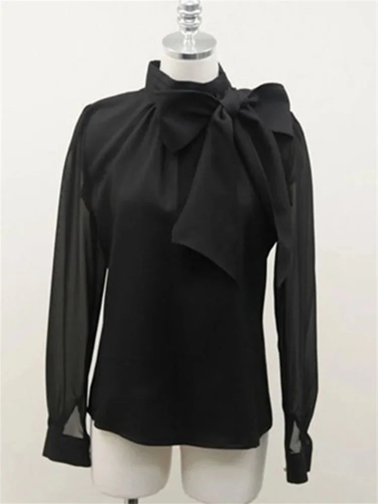 Women Chiffon Blouses Shirts Lady Casual Long Sleeve White Black Bow Tie Collar top