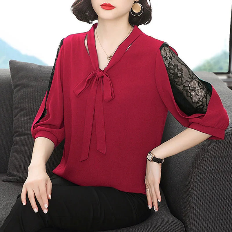 Women Casual Bow Tie Collar Half Lace Sleeve Loose Blouse
