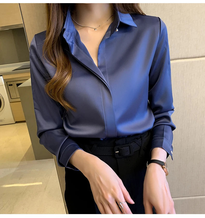 Satin Women Shirt Vintage Long Sleeve Blouse Women Silk Elegant Womens Tops