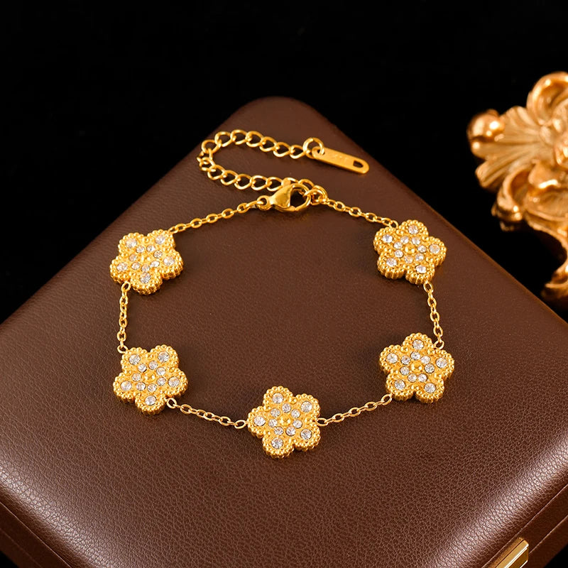 Pink Zircon Reversible Clover Necklace Bracelet Earrings Set For Women Trendy Stainless Steel Waterproof Jewelry
