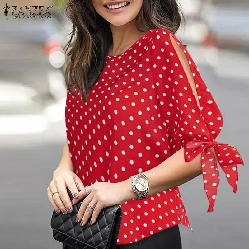 Woman Casual Polka Dots Printed Blouse Fashion Holiday Shirt Half Sleeve O-Neck Tunic Tops