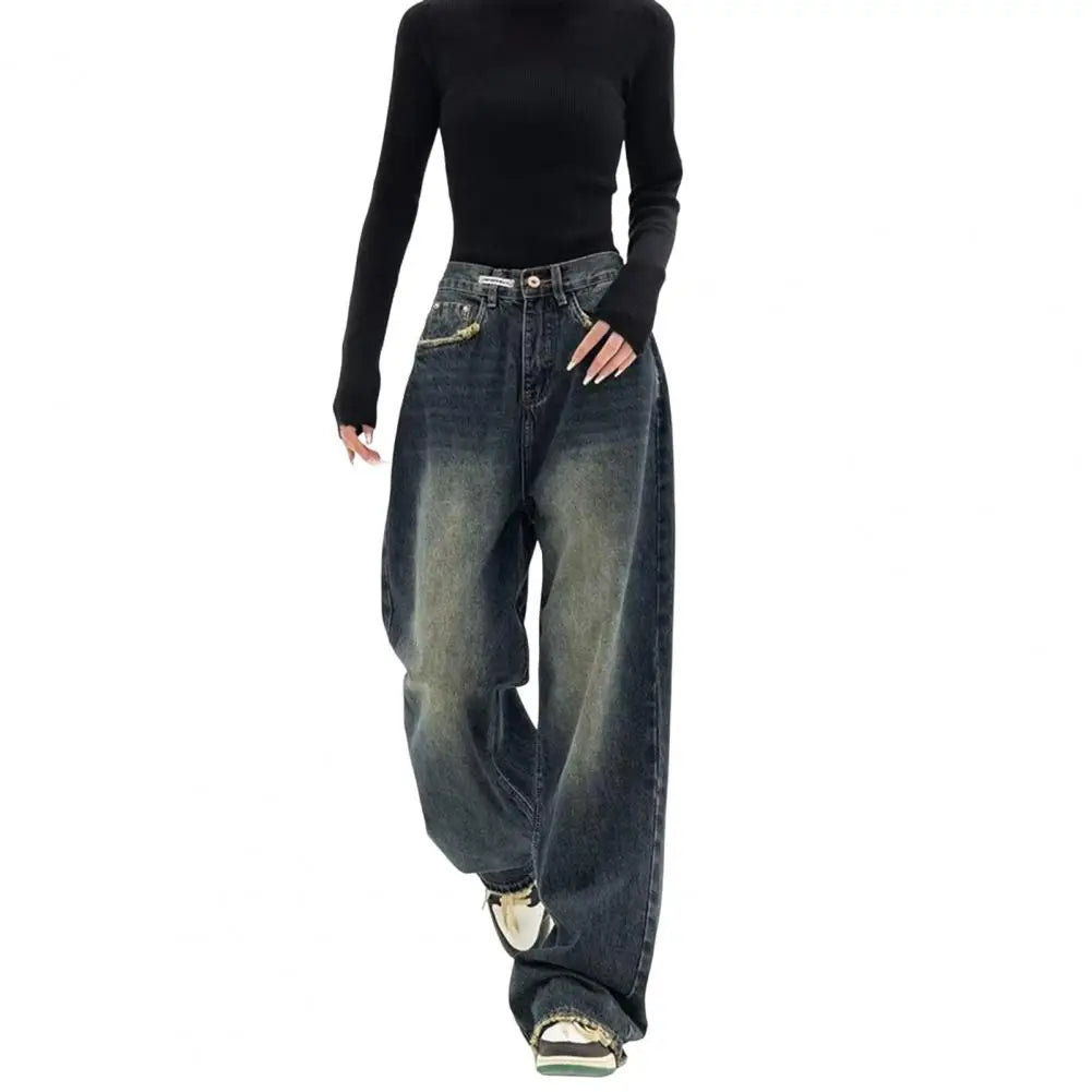 Wide Leg, Floor Length Loose Denim High Waist Vintage Hip Hop Streetwear Women Jeans