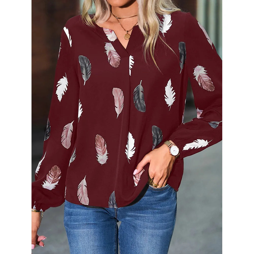 Fashion Woman long Sleeve Feather Pattern, Ladies Elegant Chiffon Tops