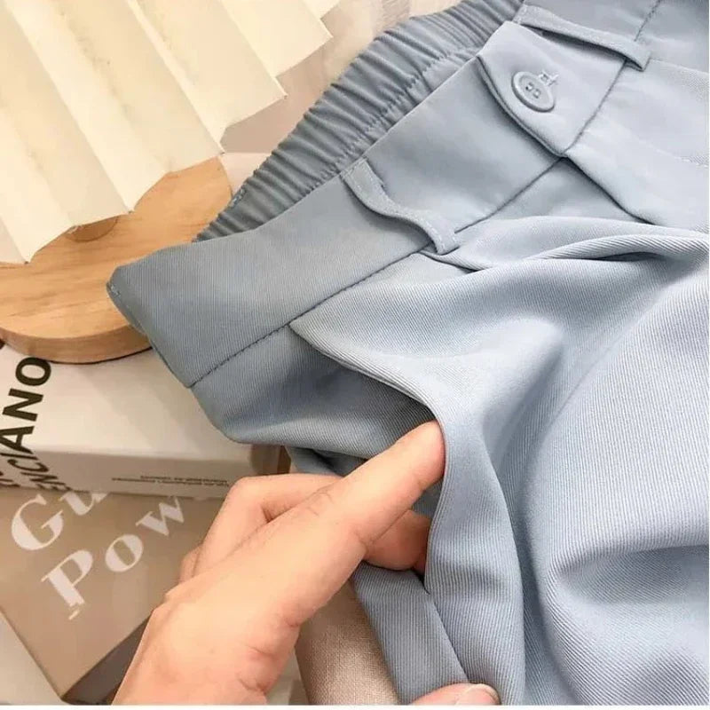 Elastic High Waist Suit Women Pants, Casual Loose Straight Black Office Ladies Trouser
