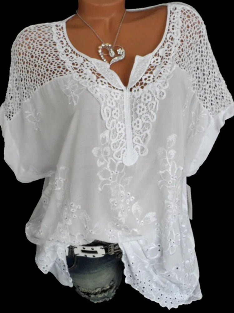 Loose Short-Sleeved Lace Women Blouses Cotton Blouses Summer V-neck White Shirt