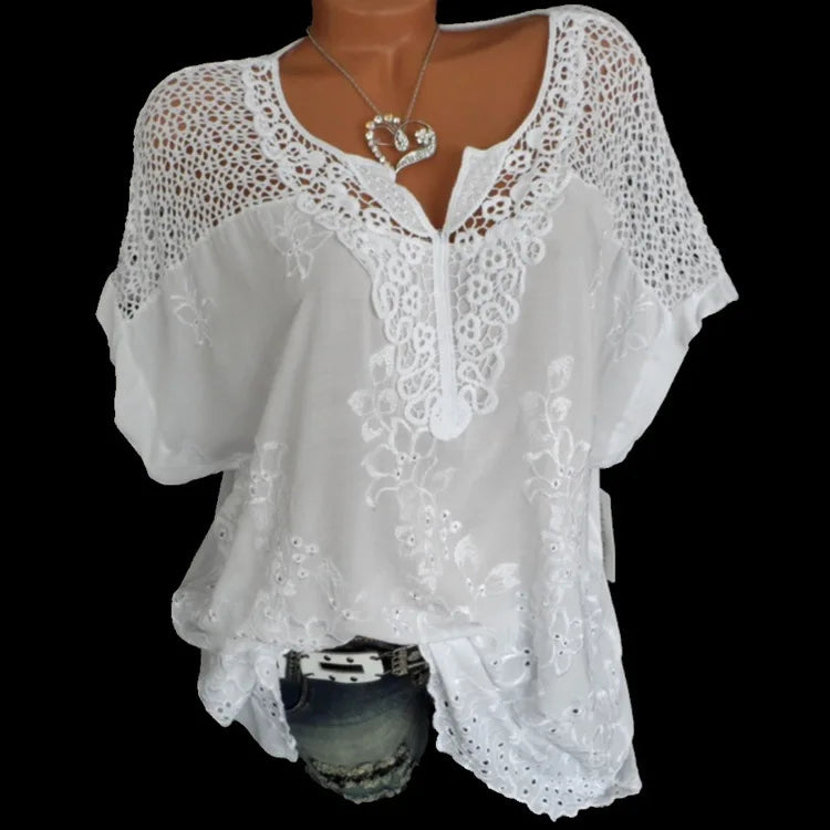 Loose Short-Sleeved Lace Women Blouses Cotton Blouses Summer V-neck White Shirt