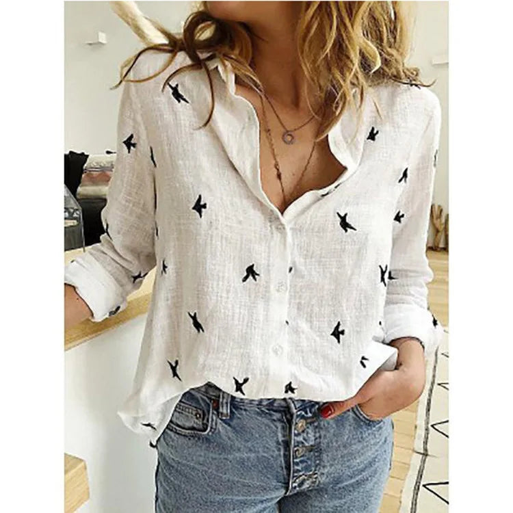 Elegant Cotton Linen Shirts Women Casual Solid Button Lapel Blouses Shirts Autumn Winter Long Sleeve Loose Tops