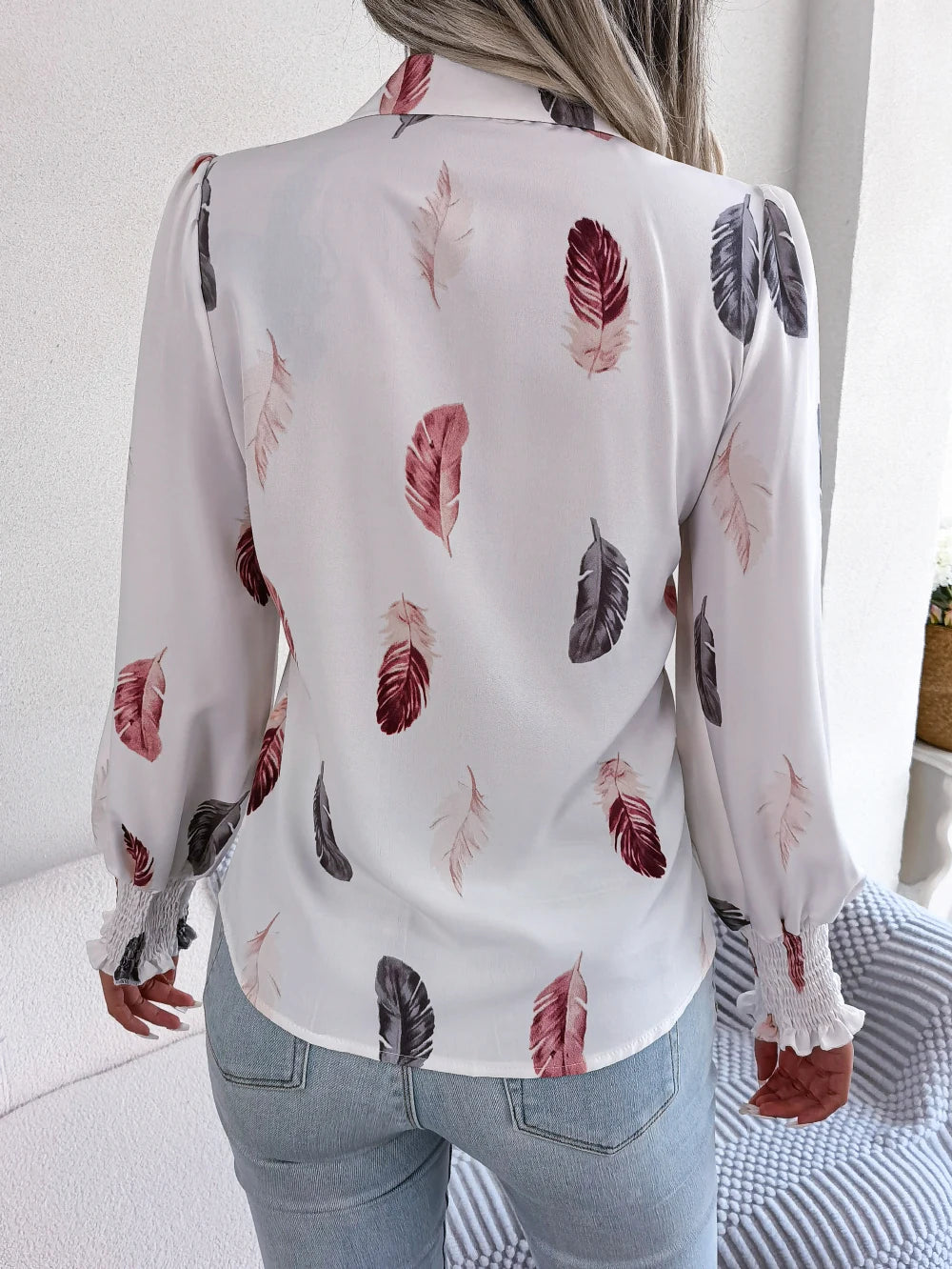 Women Casual Feather Print Collar Long Sleeve Shirt