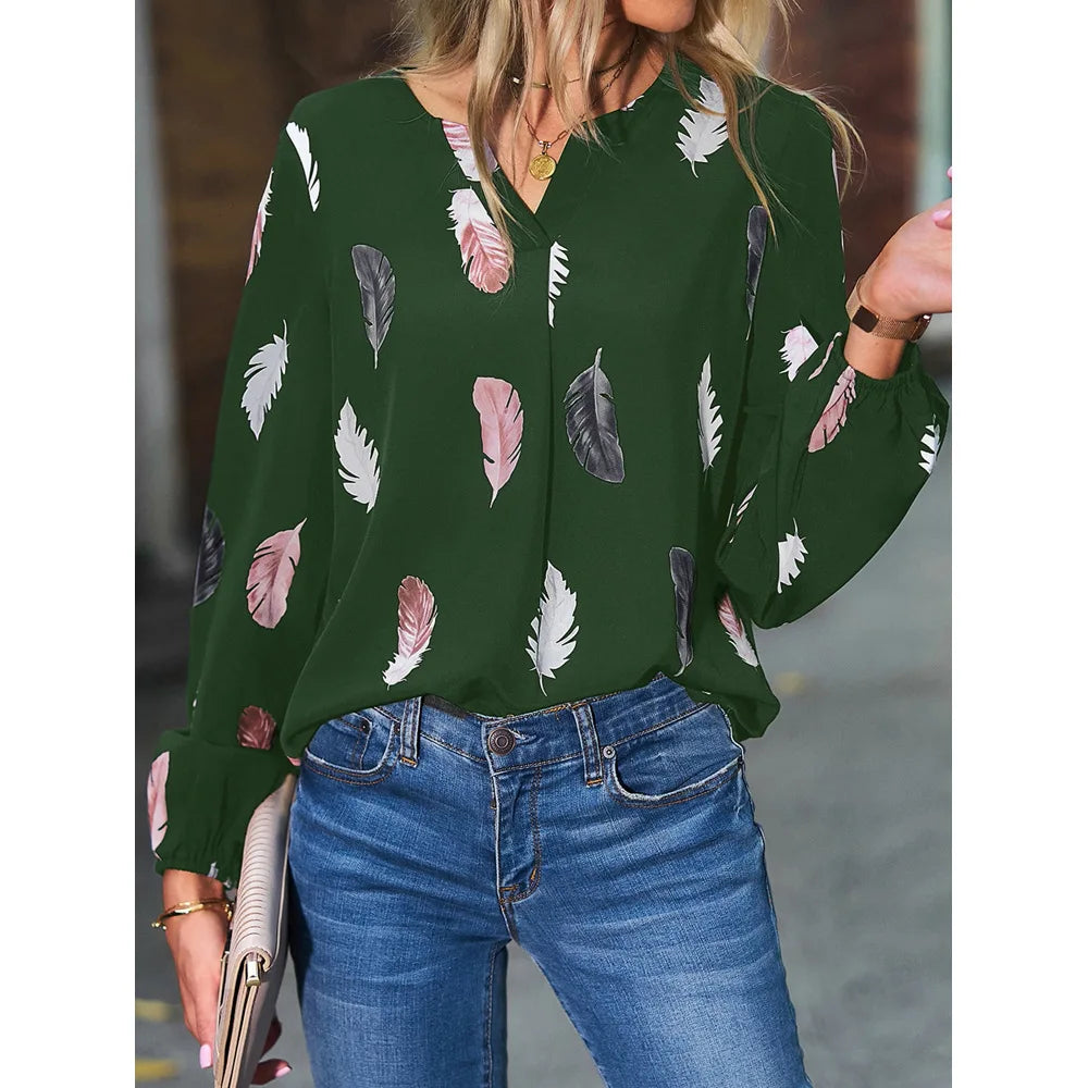 Fashion Woman long Sleeve Feather Pattern, Ladies Elegant Chiffon Tops