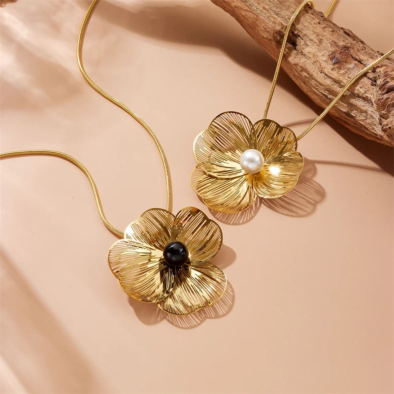 Stainless Gold plated 3D hollow camellia Pearl Necklace Bracelet Ring Suit Women Girl New Trend Non-fading jewelry Set