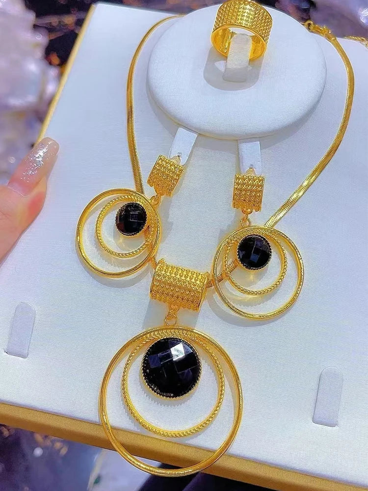 Stainless steel large round pendant Necklace Earrings Ring Jewelry Set for women
