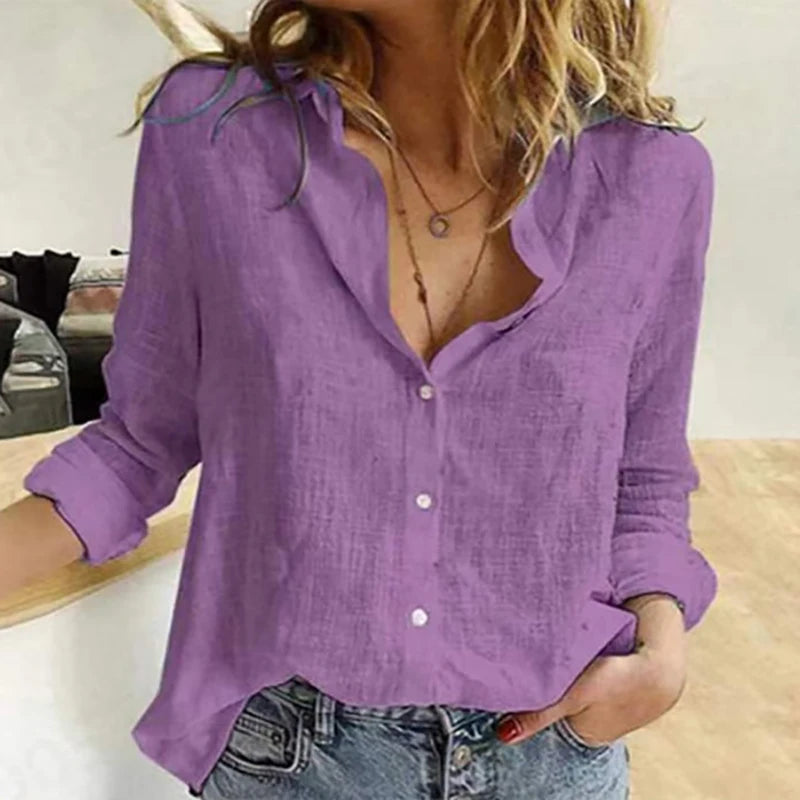 Elegant Cotton Linen Shirts Women Casual Solid Button Lapel Blouses Shirts Autumn Winter Long Sleeve Loose Tops