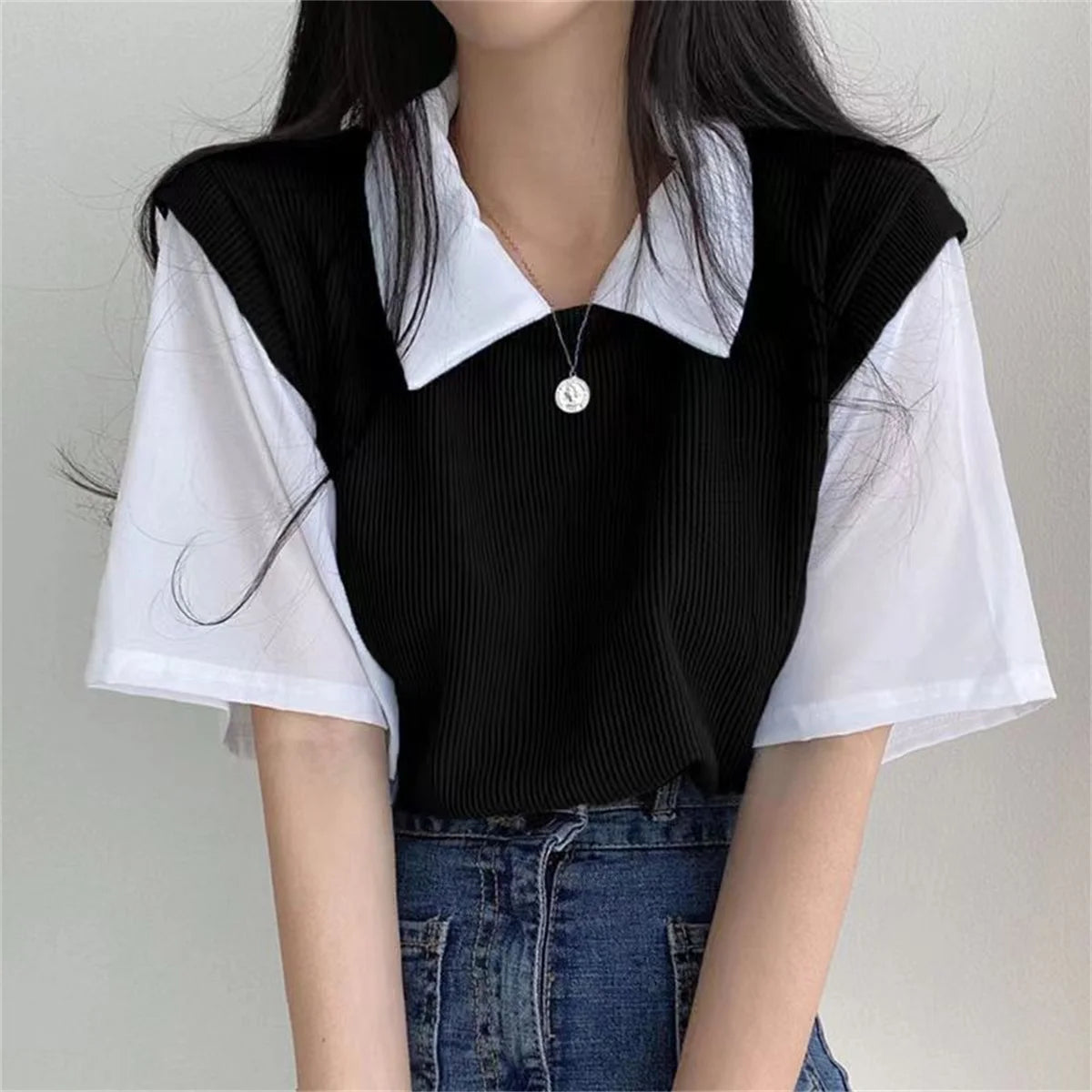 Summer Academy Style Color Blocking Polo Collar Top Short Sleeve T-shirt Women Lazy Loose Casual Versatile Blouse