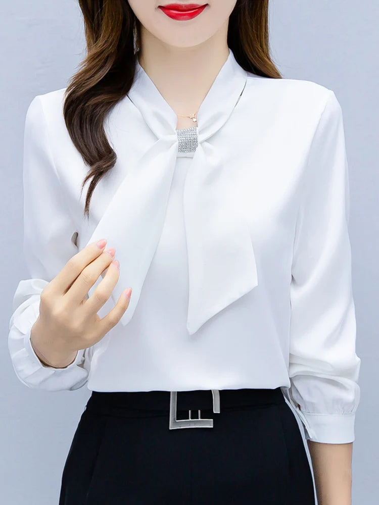 Long Sleeve Blouse Women Bow Collar Chiffon Blouse Shirt Tops Women Blouse