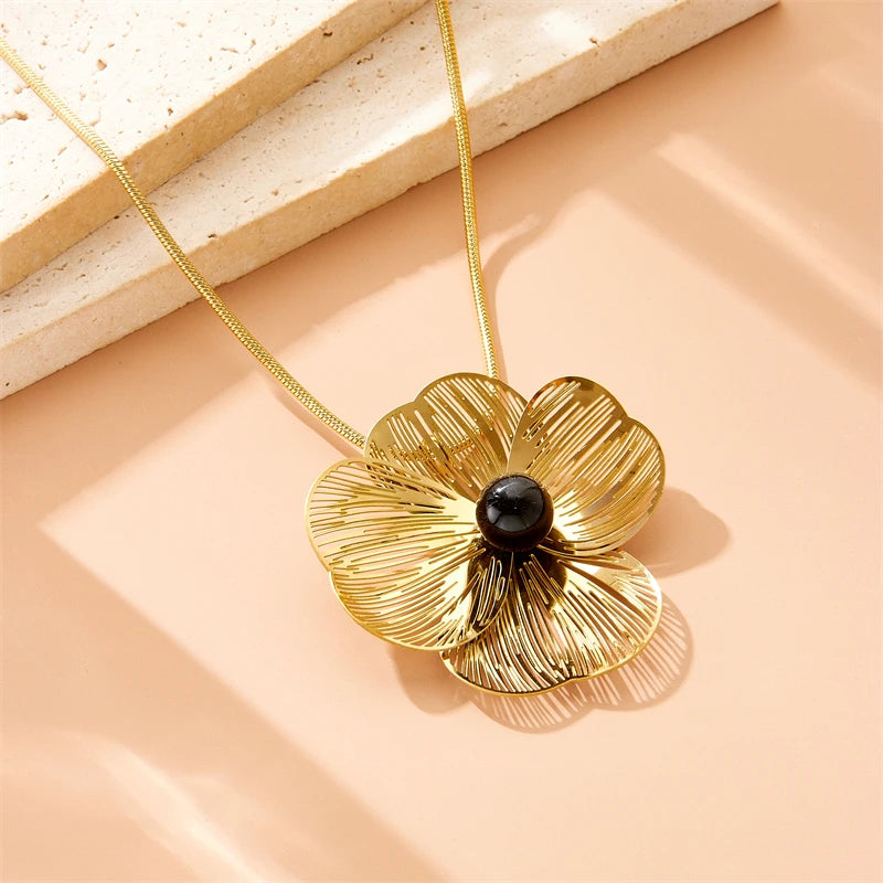 Stainless Gold plated 3D hollow camellia Pearl Necklace Bracelet Ring Suit Women Girl New Trend Non-fading jewelry Set
