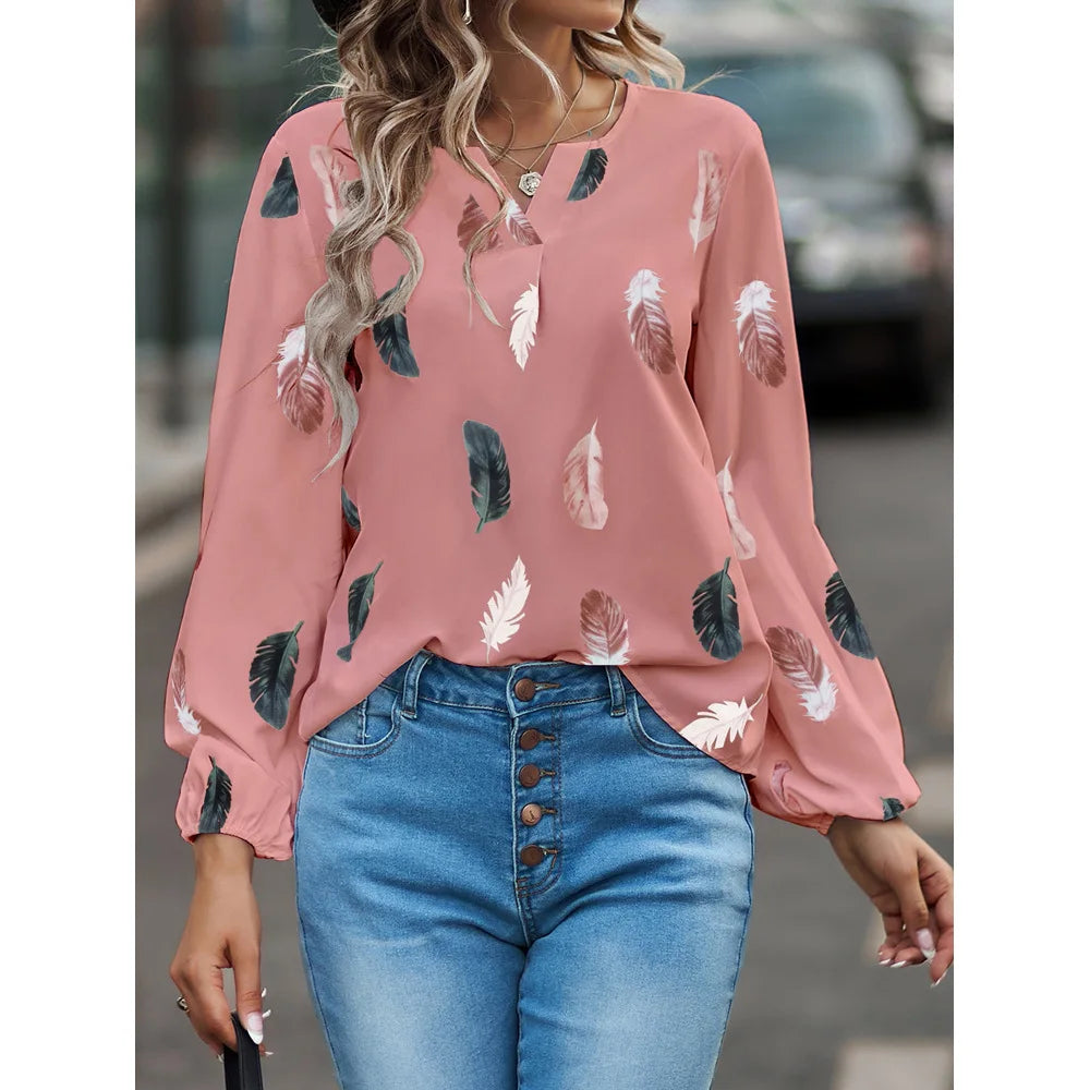 Fashion Woman long Sleeve Feather Pattern, Ladies Elegant Chiffon Tops