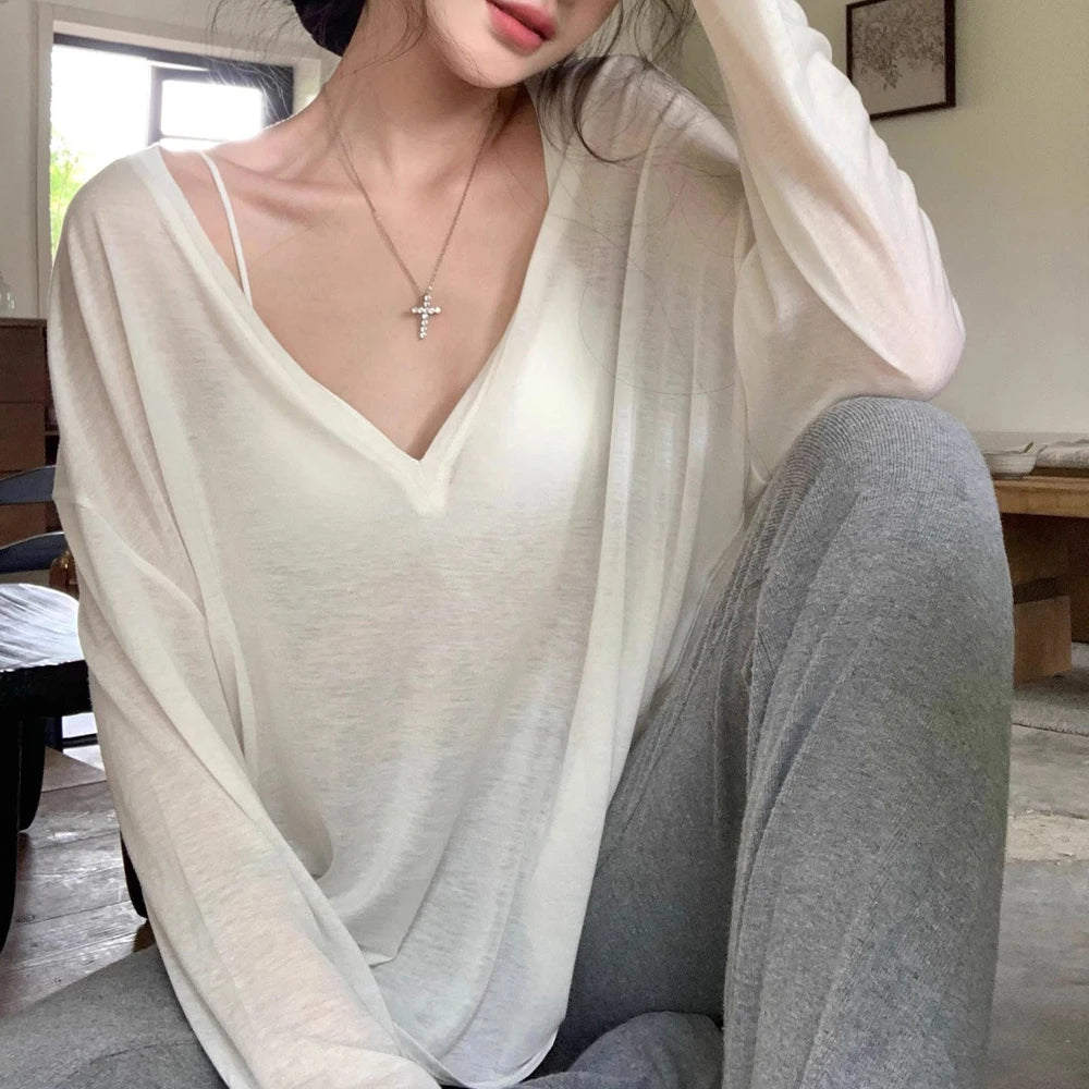 Women's V-Neck Long Sleeve T-Shirt Thin Perspective Summer Loose Fit Casual Top Korean Base Sun Protection Cover Up Top
