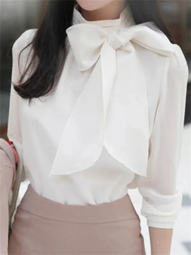 Women Chiffon Blouses Shirts Lady Casual Long Sleeve White Black Bow Tie Collar top